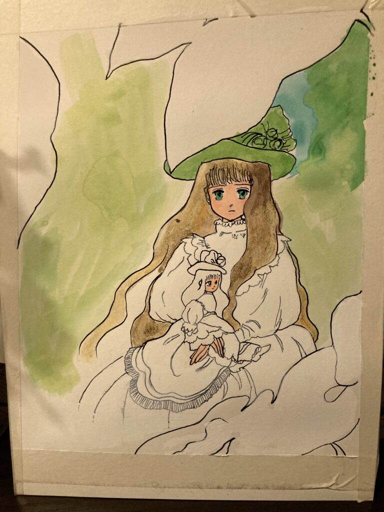 ドレスを着た少女が同じ格好をしている人形を抱いて座っている。川原由美子の漫画「観用少女」の表紙の模写。途中まで色が塗ってある。